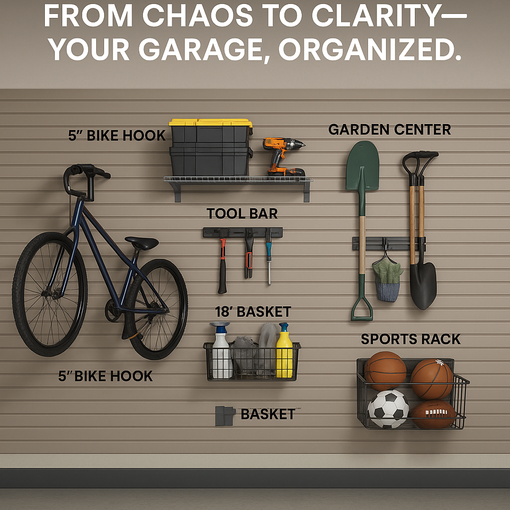 Organized garage with modular HandiWALL storage and labeled accessories.