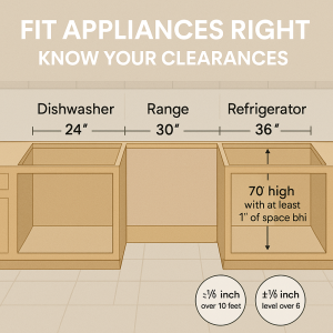 Kitchen layout diagram showing appliance clearances