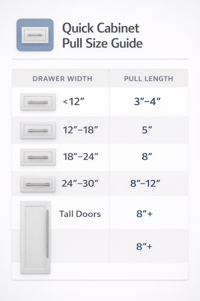 cabinetpulllengthreferencechart Woodworker Express Blog Chart showing cabinet pull lengths recommended for various drawer widths