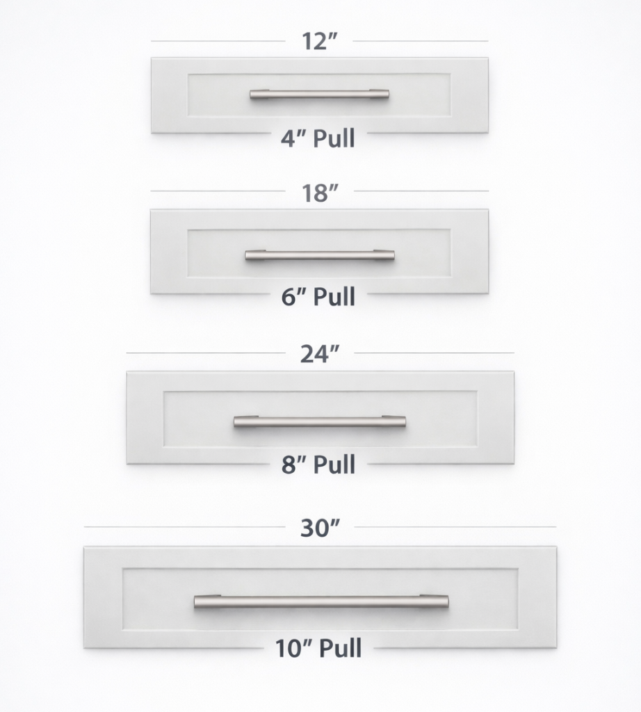 cabinetpullsizeproportionguide Woodworker Express Blog Diagram showing ideal cabinet pull length proportional to drawer width