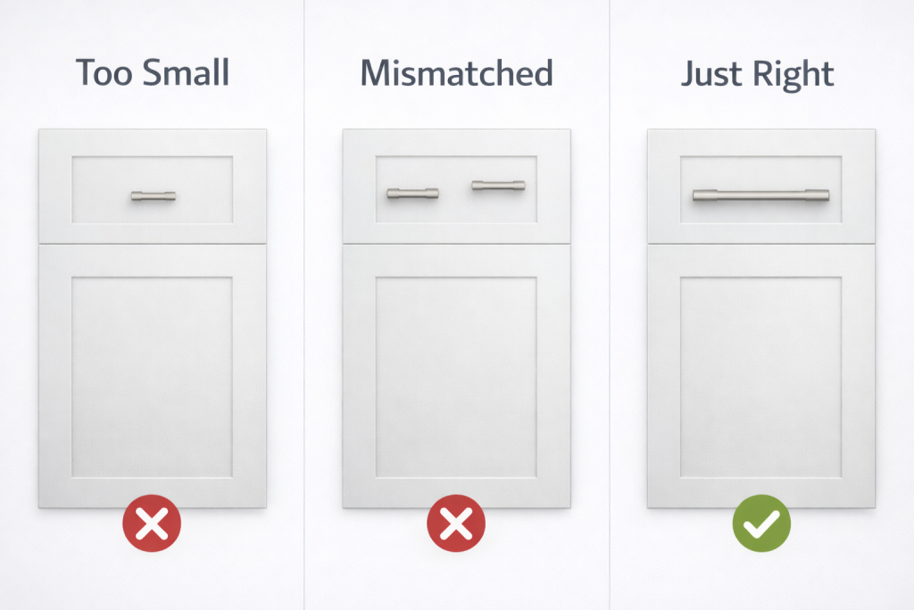 cabinetpullsizingmistakes Woodworker Express Blog Visual showing incorrect cabinet pull sizing compared to correct sizing