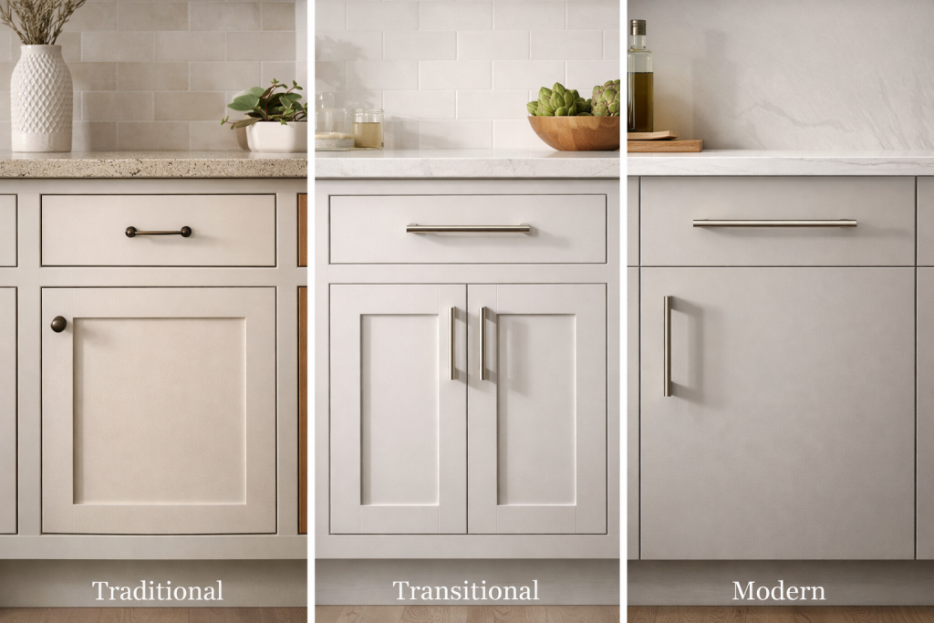 cabinetpullstylecomparison Woodworker Express Blog Comparison of cabinet pull lengths in traditional transitional and modern kitchen designs