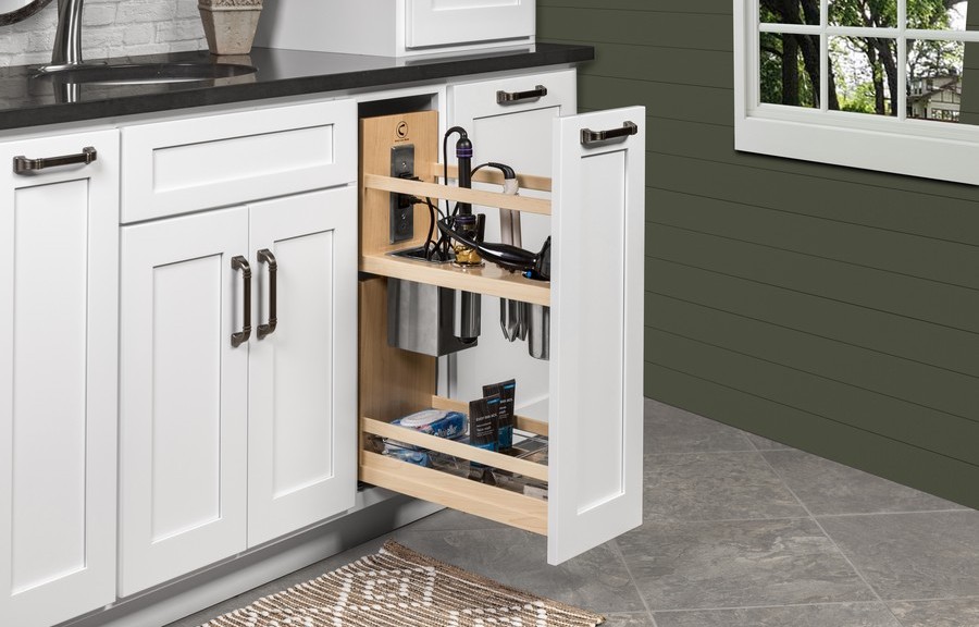 8 78 Signature Series Pullout Vanity Grooming Organizer with Dual Outlets Maple Century Components SIGGO EL85PF 18