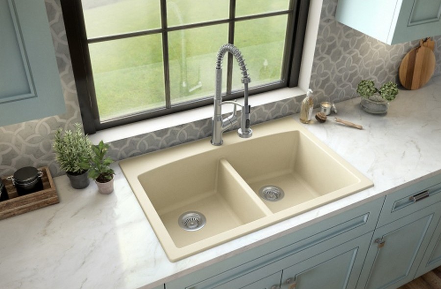 Drop In Quartz Composite 33 5050 Double Bowl Kitchen Sink Kit Bisque Karran QT 710 BI PK1