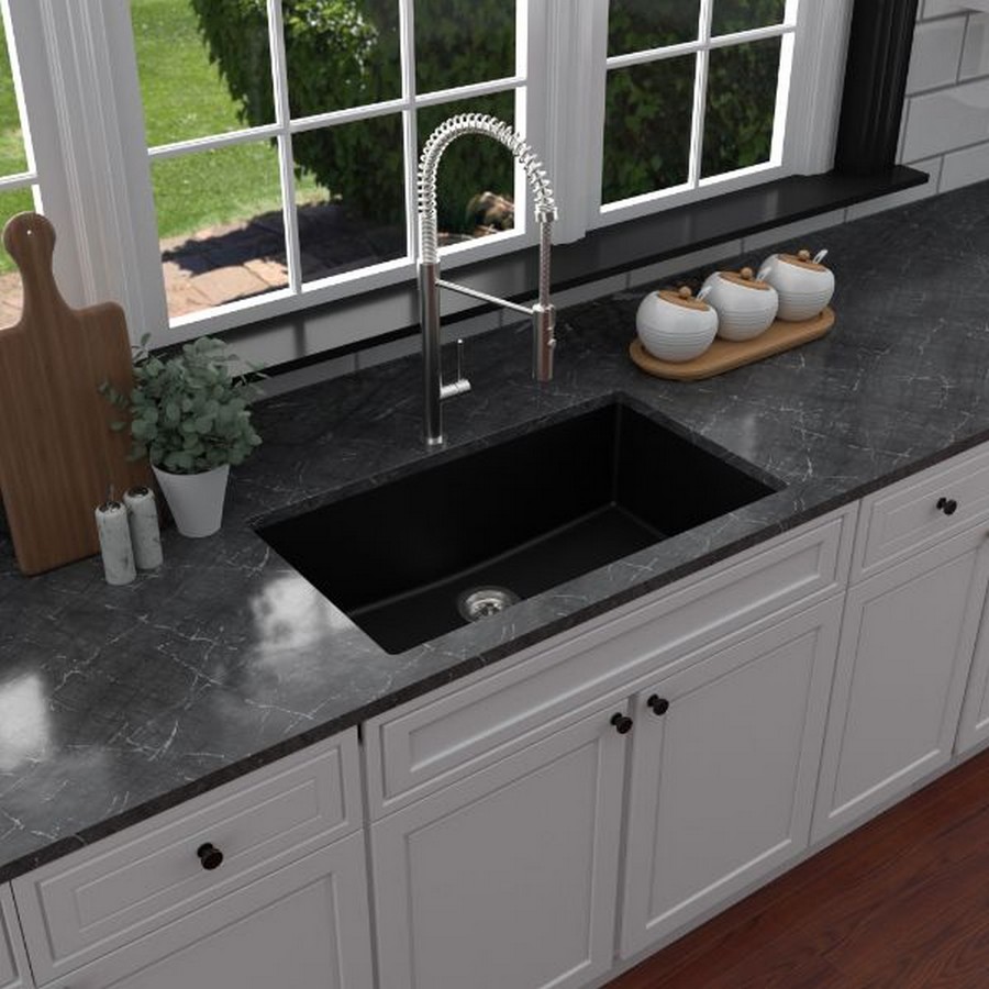 32 12 Undermount Large Single Bowl Quartz Kitchen Sink Kit Black Karran QU 812 BL PK1