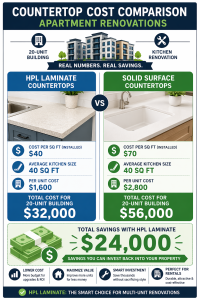 Infographic comparing HPL laminate vs solid surface countertops with cost per sq ft and total costs for a 20 unit building highlighting savings $24000