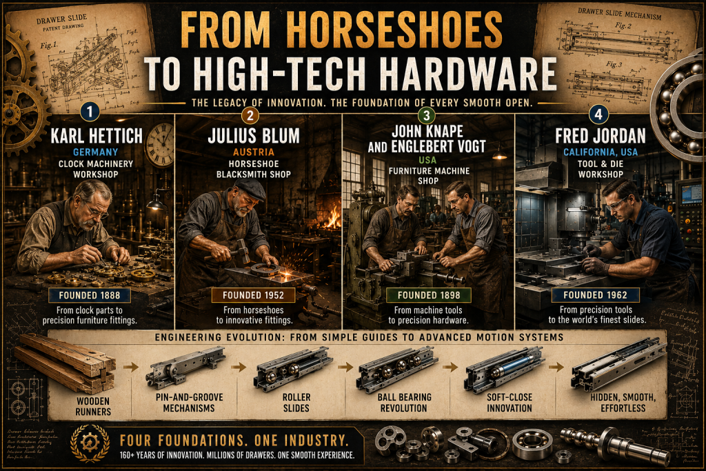 Historical collage of major drawer slide industry founders and early manufacturing workshops