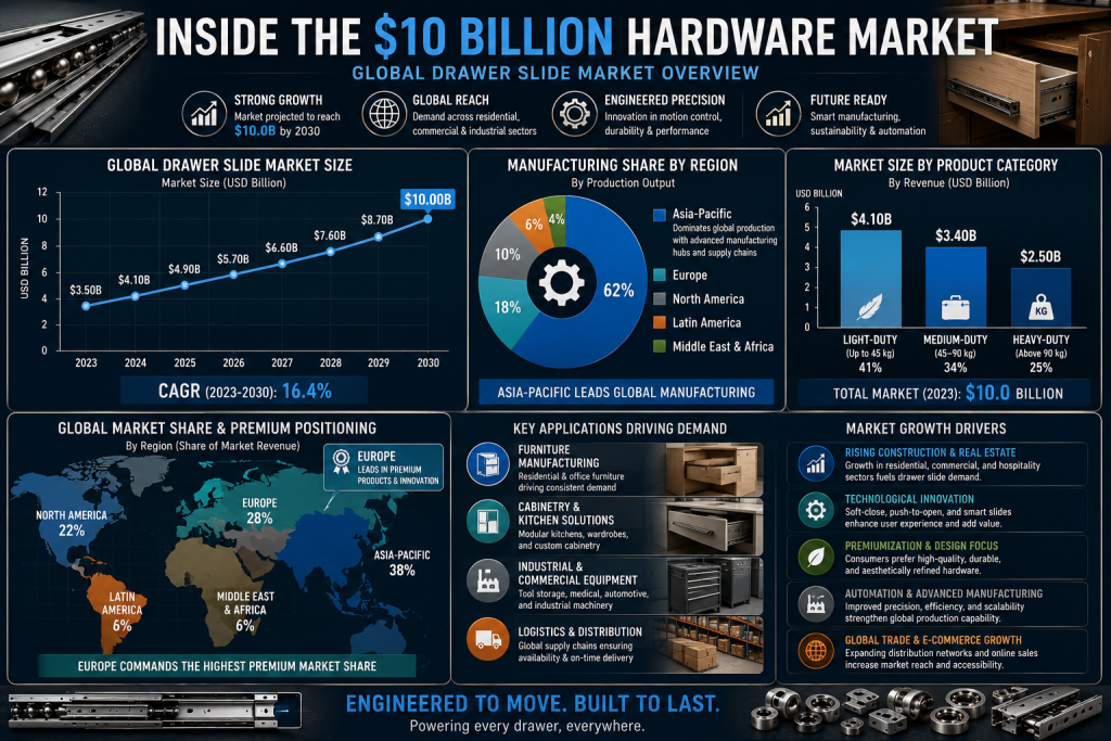 Infographic showing global drawer slide market growth and regional industry distribution